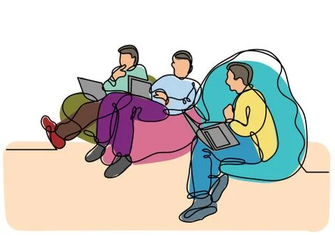 Continuous line drawing of programmers with laptops sitting on bean bags Stockillustratie
