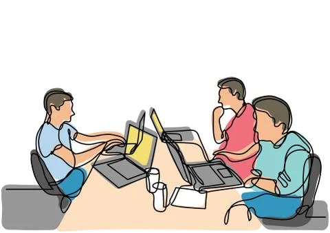 Continuous line drawing of programmers with laptops working 스톡 일러스트