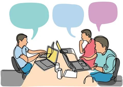 Continuous line drawing of programmers with laptops working Illustrazione stock