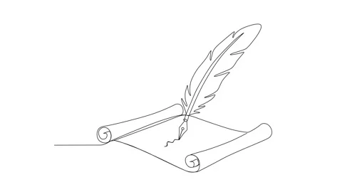 Continuous Line Drawing of Quill Pen Writing on Scroll Paper Animation Stock Footage 318862062