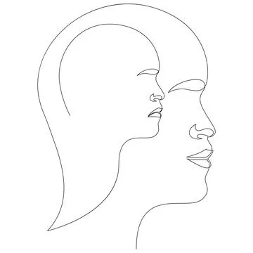 Continuous line, drawing of sad and happy faces, minimalist concept of hidden Stock Illustration