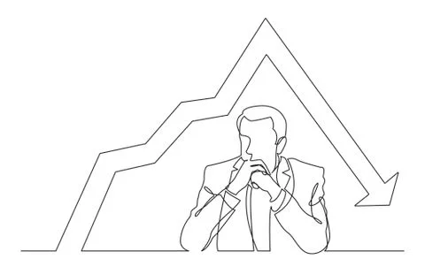 Continuous line drawing of seriously thinking man with decreasing graph 库存插图