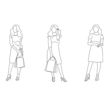 Continuous line, drawing of set faces and hairstyle, fashion concept, woman beau Stock Illustration