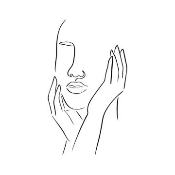 Continuous line, drawing of set faces and hairstyle, fashion concept, woman beau Stock Illustration