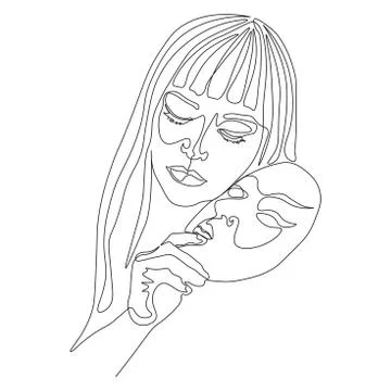 Continuous line, drawing of set faces and hairstyle, fashion concept, woman beau Stock Illustration