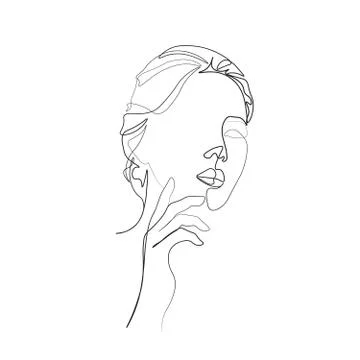 Continuous line, drawing of set faces and hairstyle, fashion concept, woman beau Stock Illustration