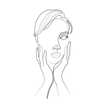 Continuous line, drawing of set faces and hairstyle, fashion concept, woman beau Stock Illustration
