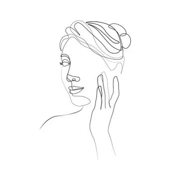 Continuous line, drawing of set faces and hairstyle, fashion concept, woman beau Stock Illustration