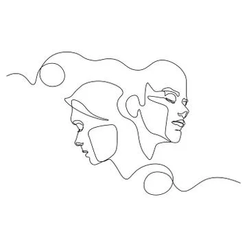 Continuous line, drawing of set faces and hairstyle, fashion concept, woman beau Stock Illustration