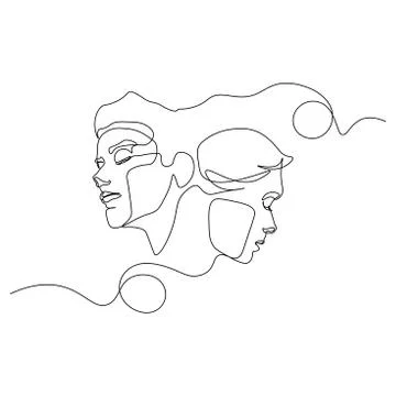 Continuous line, drawing of set faces and hairstyle, fashion concept, woman beau Stock Illustration