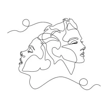 Continuous line, drawing of set faces and hairstyle, fashion concept, woman beau Stock Illustration