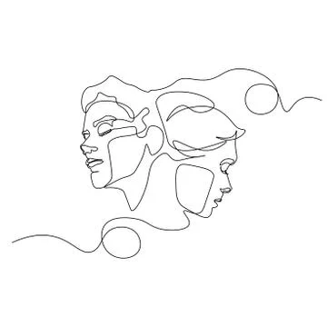 Continuous line, drawing of set faces and hairstyle, fashion concept, woman beau Stock Illustration