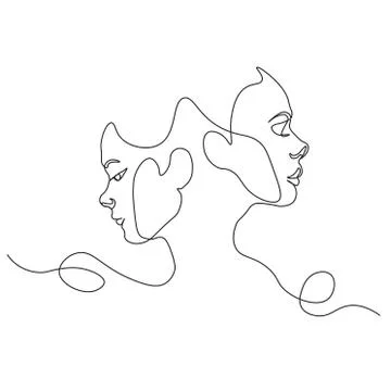 Continuous line, drawing of set faces and hairstyle, fashion concept, woman beau Illustrazione stock