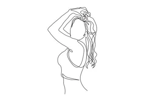 Continuous line, drawing of set faces and hairstyle, fashion concept, woman beau Stock Illustration