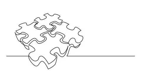 Continuous line drawing of several 3D puzzle pieces connected together Stock Illustration
