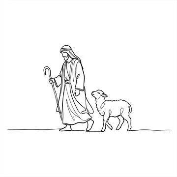 A Continuous Line Drawing of a Shepherd Walking with a Sheep in Profile View 스톡 일러스트