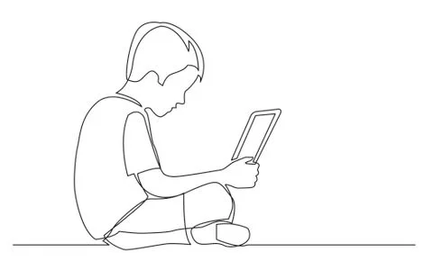 Continuous line drawing of sitting boy watching laptop computer Stock Illustration