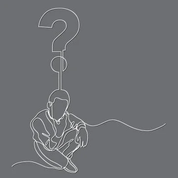 Continuous line drawing of sitting man thinking about question 库存插图
