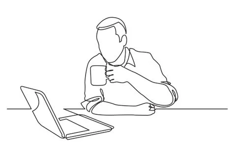 Continuous line drawing of sitting man watching laptop computer drinking coff Illustrazione stock