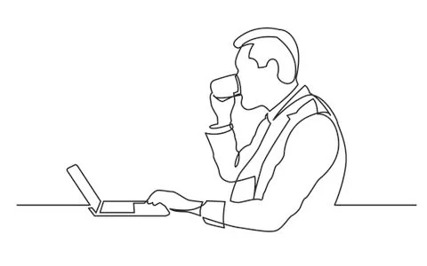Continuous line drawing of sitting man watching laptop computer drinking coff Illustrazione stock