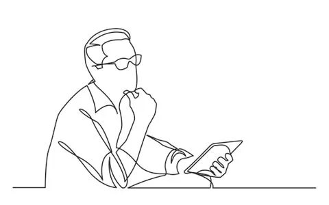 Continuous line drawing of sitting man planning with tablet 스톡 일러스트