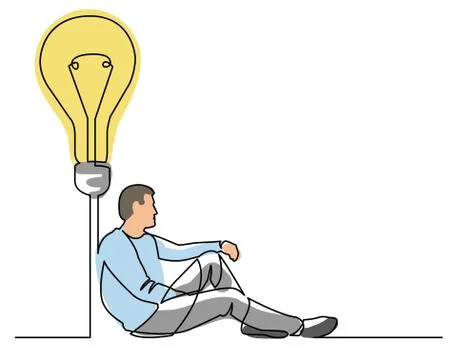 Continuous line drawing of sitting man with some idea Stock Illustration