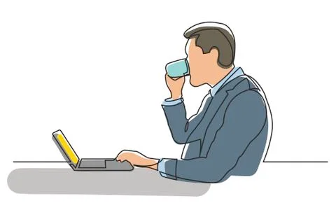 Continuous line drawing of sitting man watching laptop computer drinking coff イラスト素材