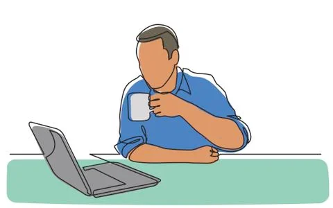 Continuous line drawing of sitting man watching laptop computer drinking coff Stock Illustration
