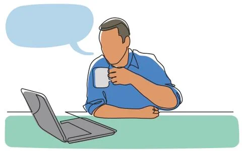 Continuous line drawing of sitting man watching laptop computer drinking coff Ilustración de archivo