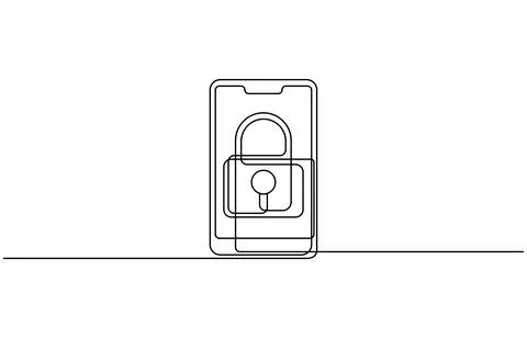 Continuous line drawing of smartphone with security lock on screen. Stock Illustration