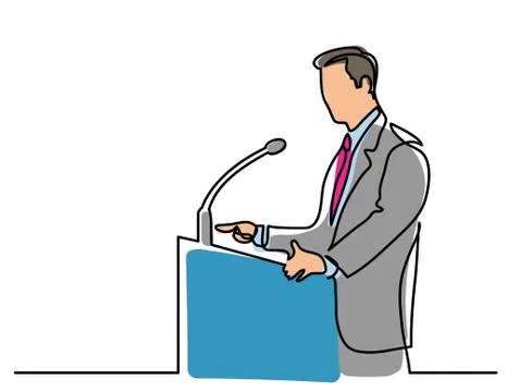 Continuous line drawing of speaker talking before microphone Stock Illustration