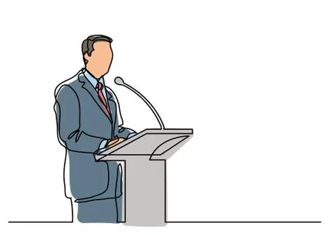 Continuous line drawing of speaker talking before microphone Stock Illustration