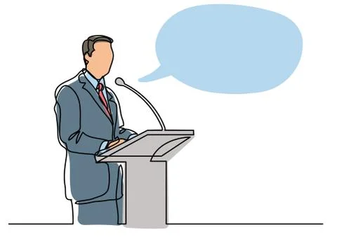 Continuous line drawing of speaker talking before microphone Stock Illustration