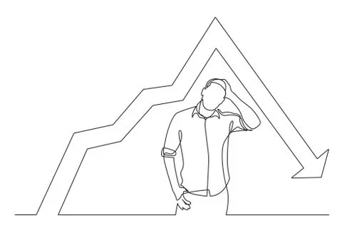 Continuous line drawing of standing frustrated man with decreasing graph 库存插图