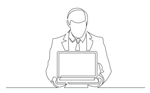 Continuous line drawing of standing man in suit showing-laptop computer Stock Illustration