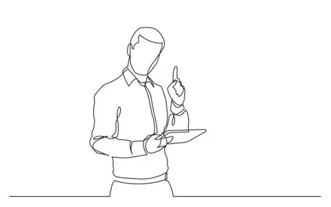Continuous line drawing of standing man with tablet pointing finger Stock Illustration
