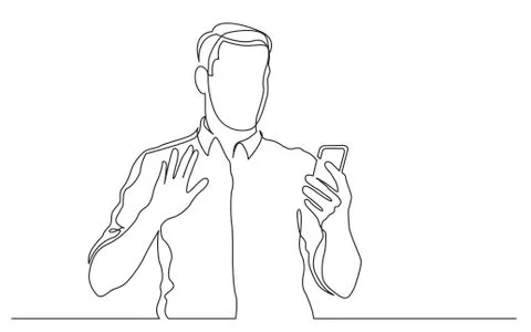 Continuous line drawing of standing man waving to his mobile phone Stock Illustration