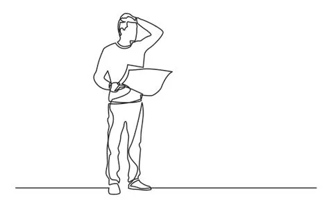 Continuous line drawing of standing man with map feeling lost Stock Illustration