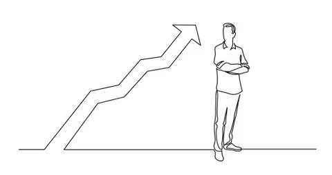 Continuous line drawing of standing man with crossed arms with growing graph Stock Illustration