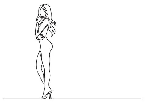 Continuous line drawing of standing nude woman on high heels Stock Illustration