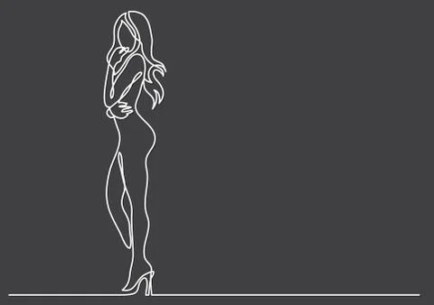 Continuous line drawing of standing nude woman on high heels Stock Illustration