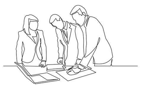Continuous line drawing of standing office workers editing paper documents Stock Illustration