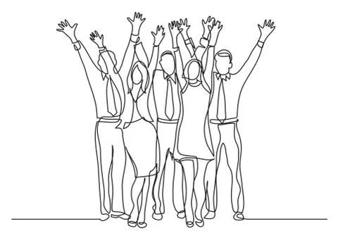 Continuous line drawing of standing office team cheering waving hands Stock Illustration