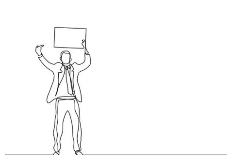 Continuous line drawing of standing office worker pointing at blank sign Illustrazione stock