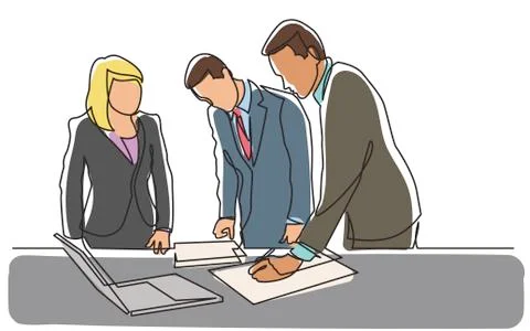 Continuous line drawing of standing office workers editing paper documents Stock Illustration