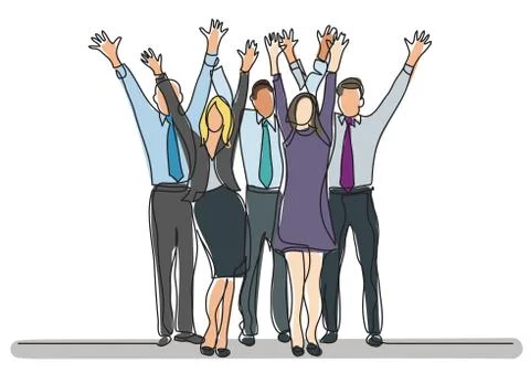 Continuous line drawing of standing office team cheering waving hands Stock Illustration