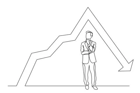 Continuous line drawing of standing thinking man with decreasing graph 库存插图