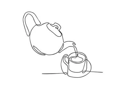 Continuous line drawing of Tea pot and tea cup on a white background. Stock-Illustration