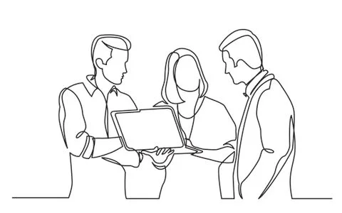 Continuous line drawing of team discussing work watching laptop computer Stock Illustration