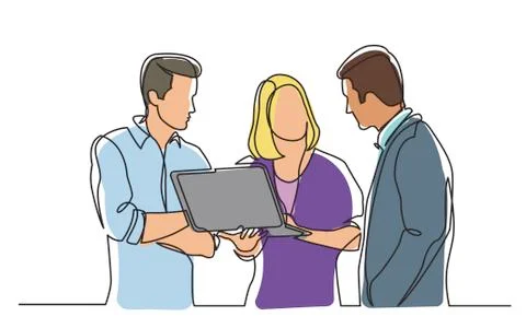 Continuous line drawing of team discussing work watching laptop computer Stock Illustration